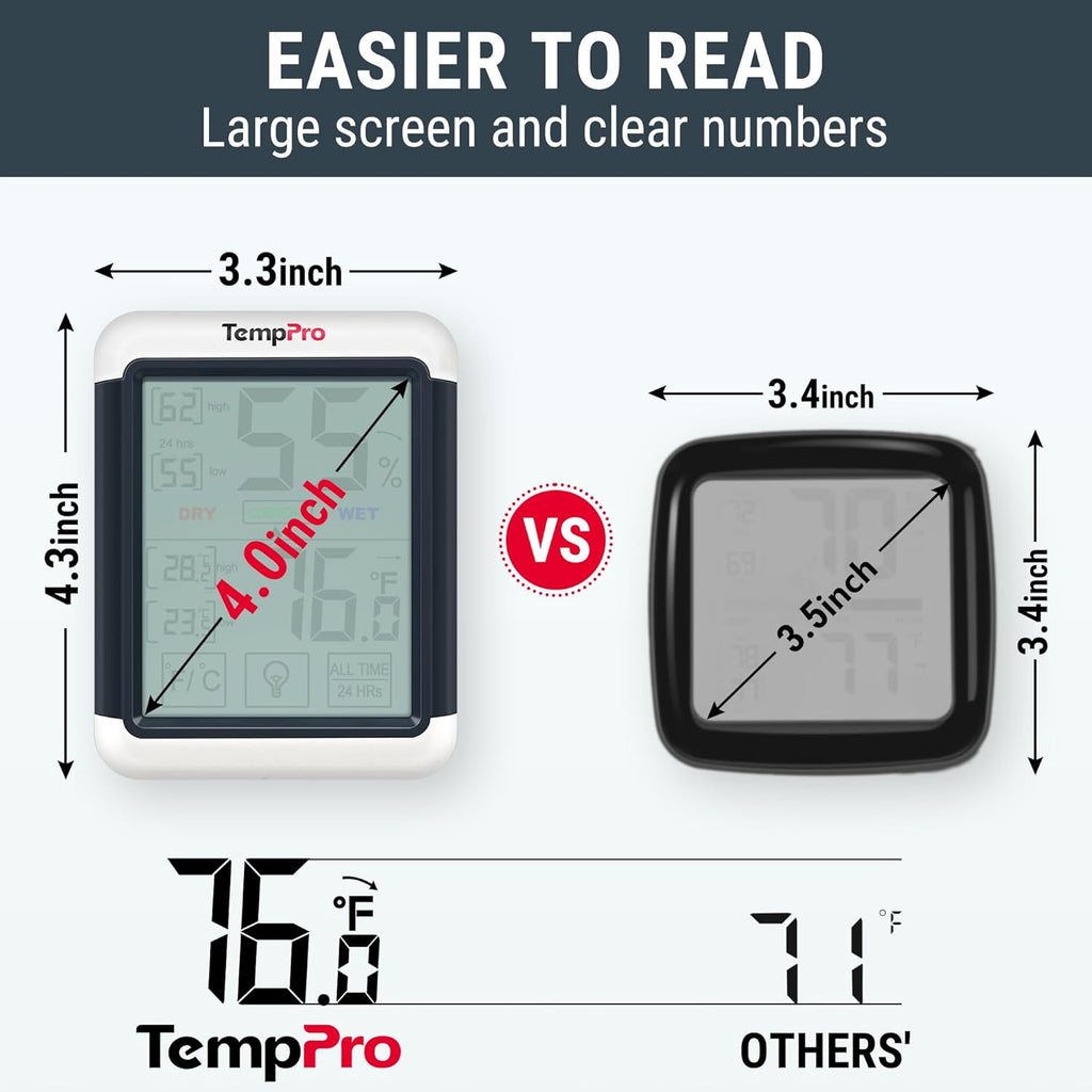 TempPro TP55 Digital Indoor Hygrometer - 4-Inch Touchscreen Temperature & Humidity Monitor for Home & Greenhouse