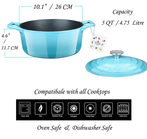 La Cuisine Enameled Cast Iron Dutch Oven Casserole Dish Pot with Lid, 5 QT 10.2" /26cm Dia. Internal Matt Black Enamel Coating for bread baking,Teal Enamel Finish Exterior, Oven Safe up to 500° F