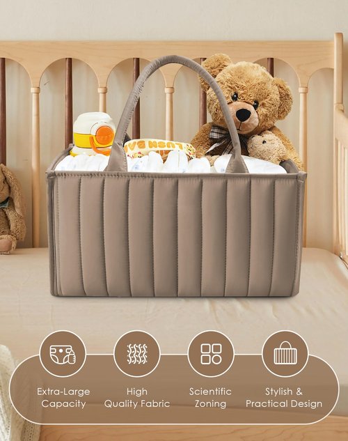 SWEET DOLPHIN 2-Pack Quilted Diaper Caddy Organizer – Premium Puffer Style Nursery Storage Bins – Water-Resistant & Wipeable Changing Table Organizer – Trendy Tote for Home & Car Travel - Mocha Brown