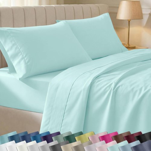 California Design Den Queen Size Bed Sheets Set - 100% Cotton, 400 Thread Count, Smooth Sateen Finish, Deep Pockets - Seafoam