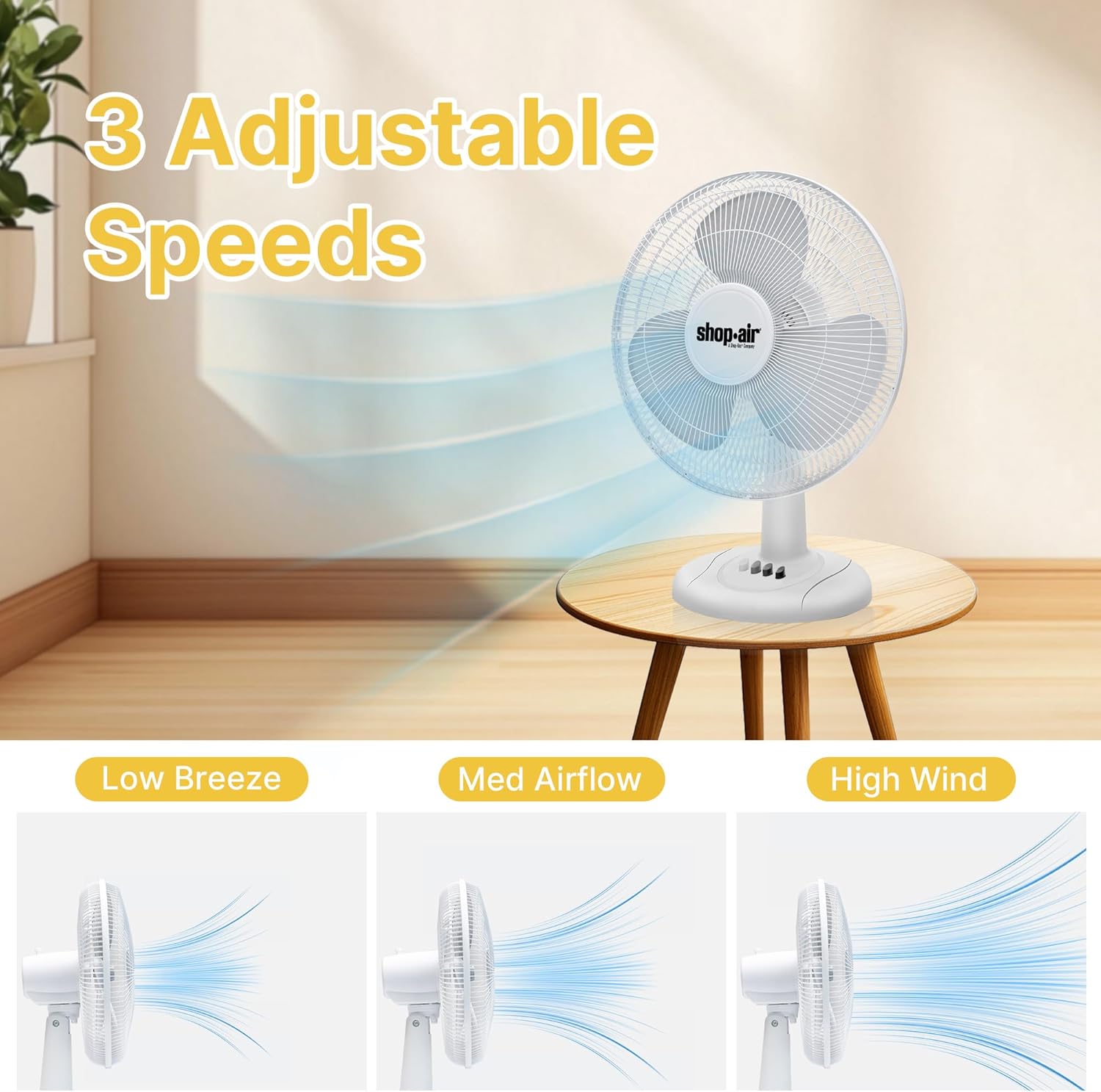 Shop-Air 12" Oscillating Table Fan - High-Velocity, Quiet Air Circulation | 3 Speeds, 70° Adjustable Head, White