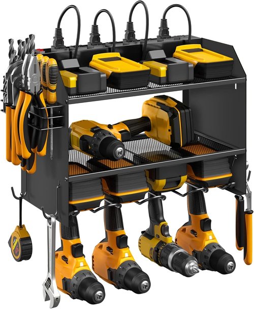 CCCEI Modular Power Tool Organizer - Wall Mount Charging Station with Heavy Duty Shelf & Hooks | Black, 1 Pack