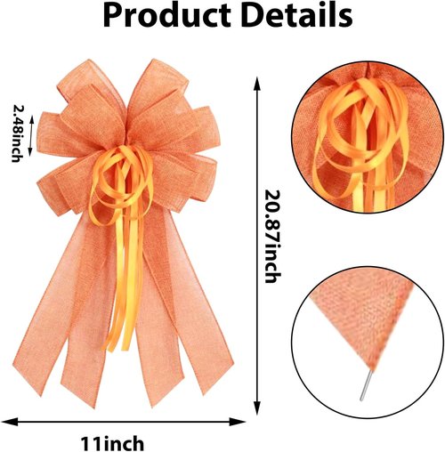 Large Orange Burlap Easter Wreath Bow - Farmhouse Decorative Bow with String | 11.42 x 20.87 Inches