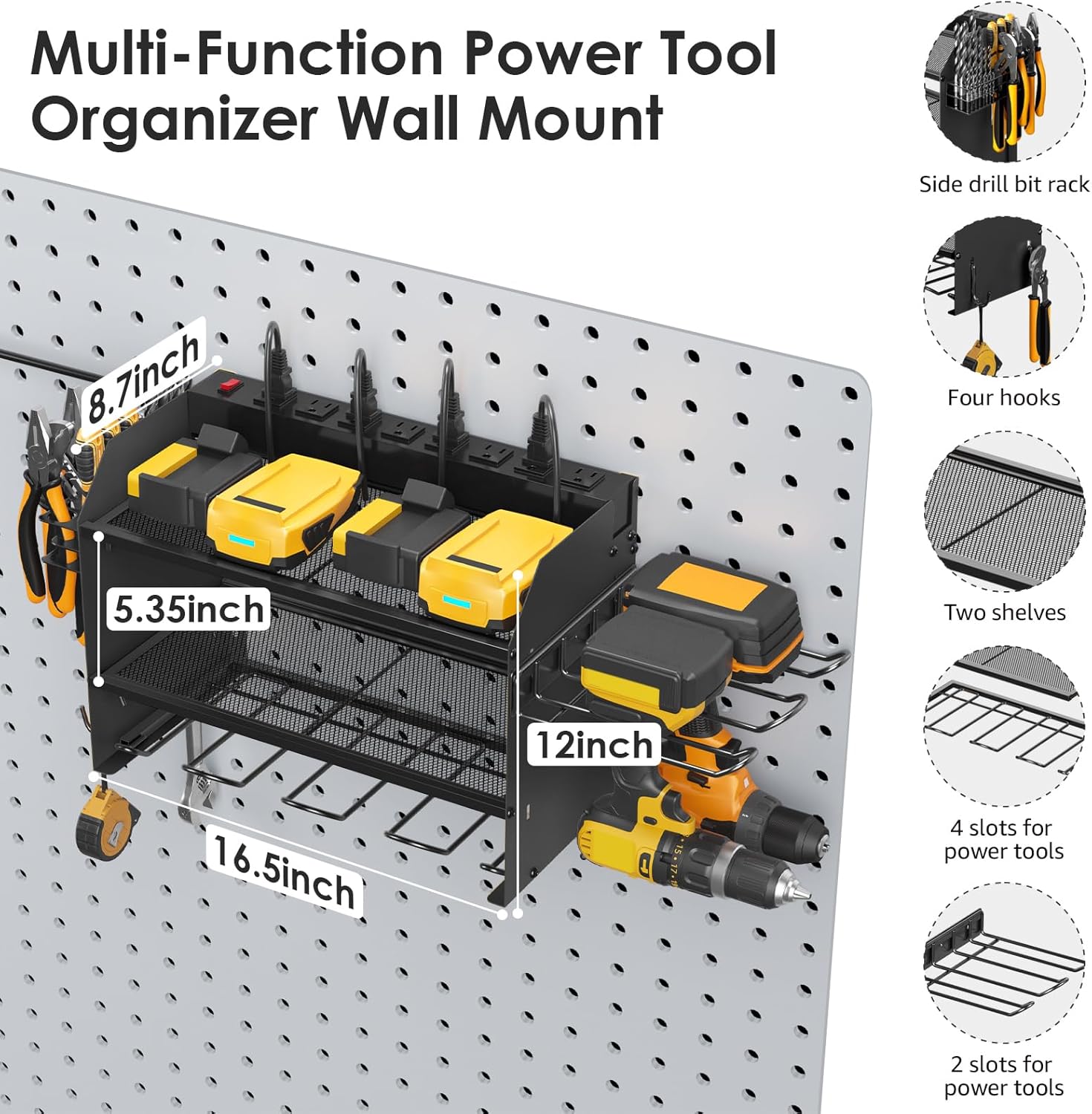 CCCEI Modular Power Tool Organizer - Wall Mount Charging Station with 8 Plug Power Strip | Heavy Duty Black Metal Shelf for 6 Drills & Utility Storage
