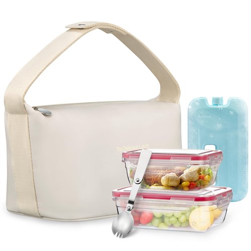 wiwens Lunch Bag Set For Women Insulated Leather Woman Lunch Bag With 2 Lunch Box Containers Spoon and Ice Pack Leakproof Reusable High Capacity Lunch Tote Bags for Work, Travel, Outdoor