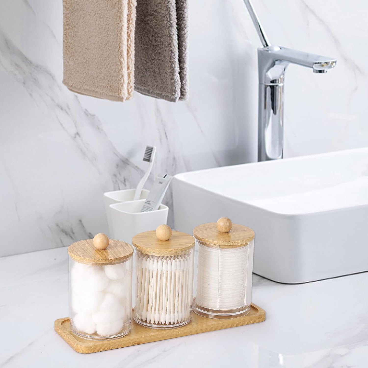 Tbestmax Qtip Holder - Clear Apothecary Jar with Bamboo Lid | 10 oz Cotton Swab Dispenser, 3 Pack