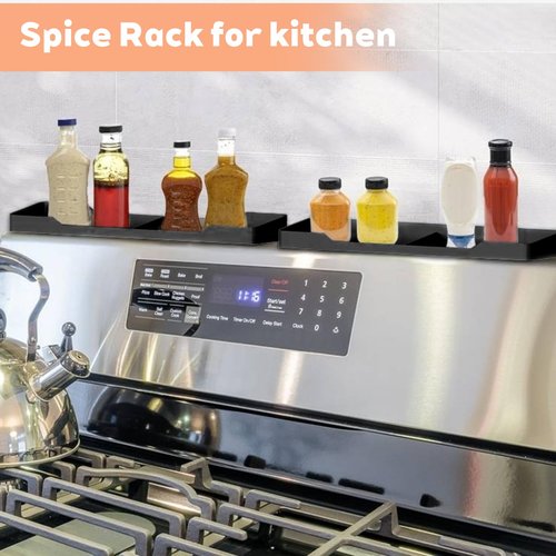 BoBoWalk 30 Inch Magnetic Silicone Stove Top Shelf, Heat Resistant Spice Rack for Kitchen, Space Saving Organizer with 6 Sticky Pads, Fits Back of Stove（Black 30''x3.8''）