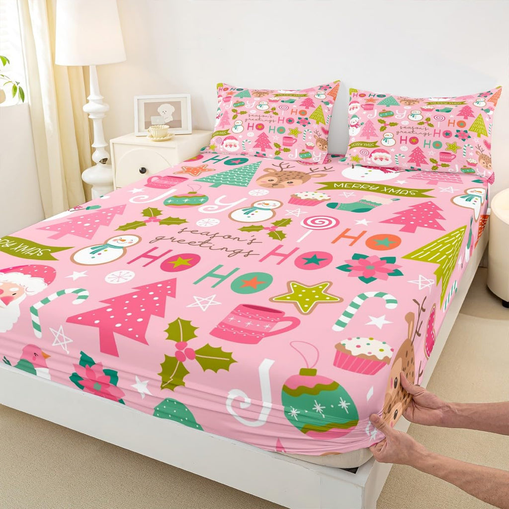 Erosebridal Pink Christmas Fitted Sheet Full, Cartoon Santa Claus Bedding Set for Kids Boys Girls Women Bedroom, Snowman Pine Bed Sheets Christmas Tree Deer Bedding Decor Set Xmas Decor,2 Pillowcases