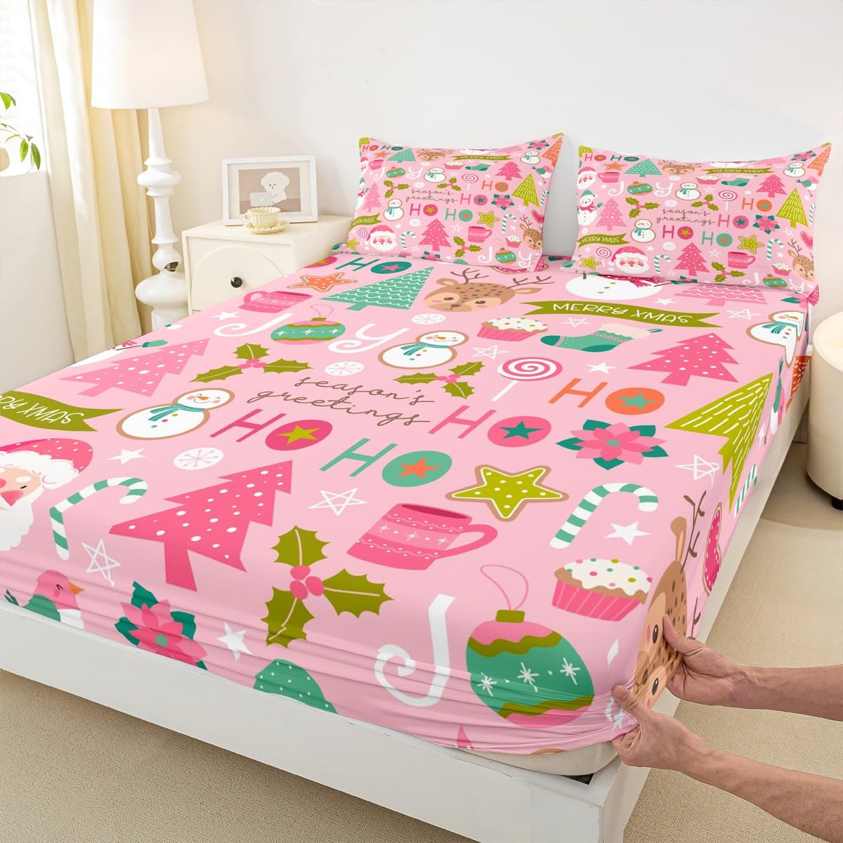 Erosebridal Pink Christmas Fitted Sheet Full, Cartoon Santa Claus Bedding Set for Kids Boys Girls Women Bedroom, Snowman Pine Bed Sheets Christmas Tree Deer Bedding Decor Set Xmas Decor,2 Pillowcases