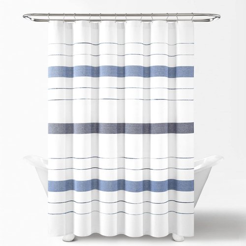 Lush Decor Chic Stripe Yarn Dyed Cotton Blend Shower Curtain Single 72" W x 72" L Navy & Blue - Striped Shower Curtains for Bathroom - Bathroom Curtain