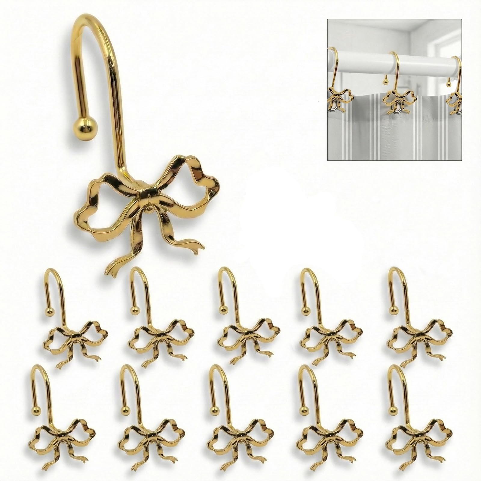 Udihch Bow Shower Curtain Hooks,12-Pack, Elegant Shower Curtain Hangers Suitable for Bathrooms, Bedrooms, Living Rooms and Children's Rooms,Easy to Slide, Fits Standard Rods. (Gold)