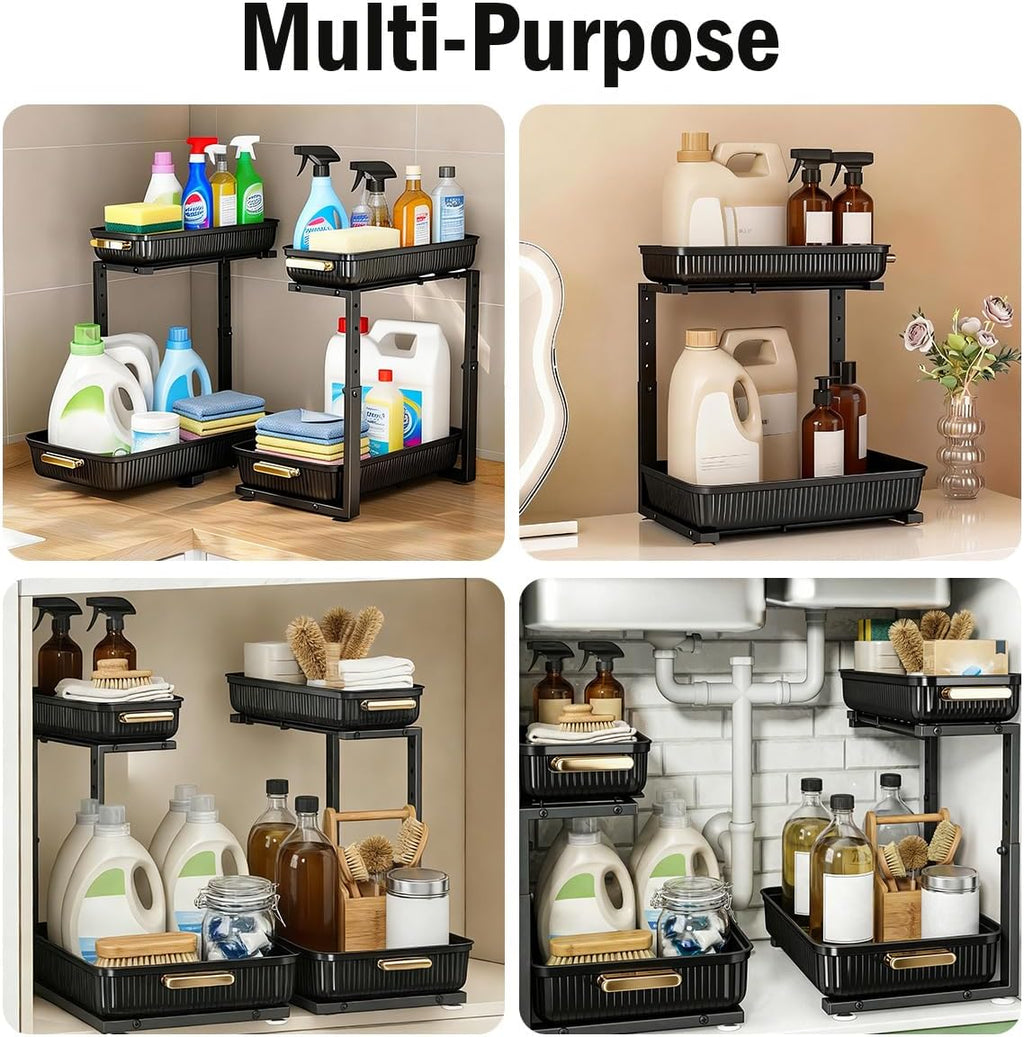 ARSTPEOE Under Sink Organizer - Multi-Purpose Pull-Out Storage Shelves | 2 Packs, Black for Kitchen & Bathroom