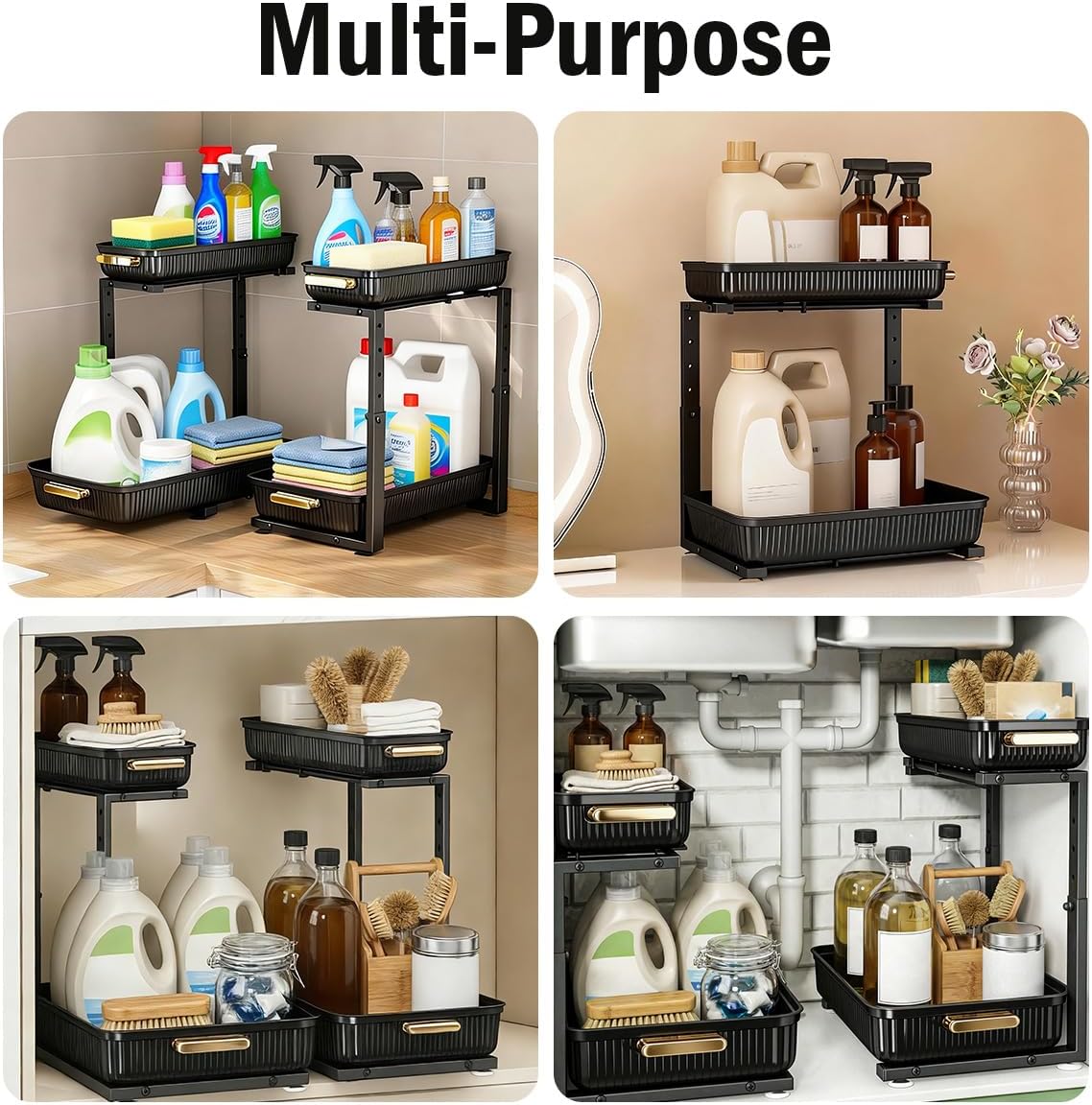 ARSTPEOE Under Sink Organizer - Multi-Purpose Pull-Out Storage Shelves | 2 Packs, Black for Kitchen & Bathroom