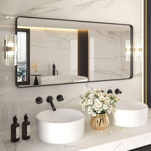 LOAAO Black Metal Framed Bathroom Mirror - 60x28 Inch Rounded Rectangle, Anti-Rust, Versatile Hanging Options