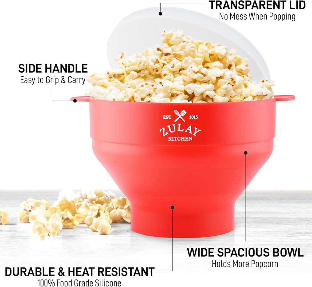 Zulay Microwave Popcorn Popper Bowl - Collapsible, BPA-Free Silicone, Dishwasher Safe - Red