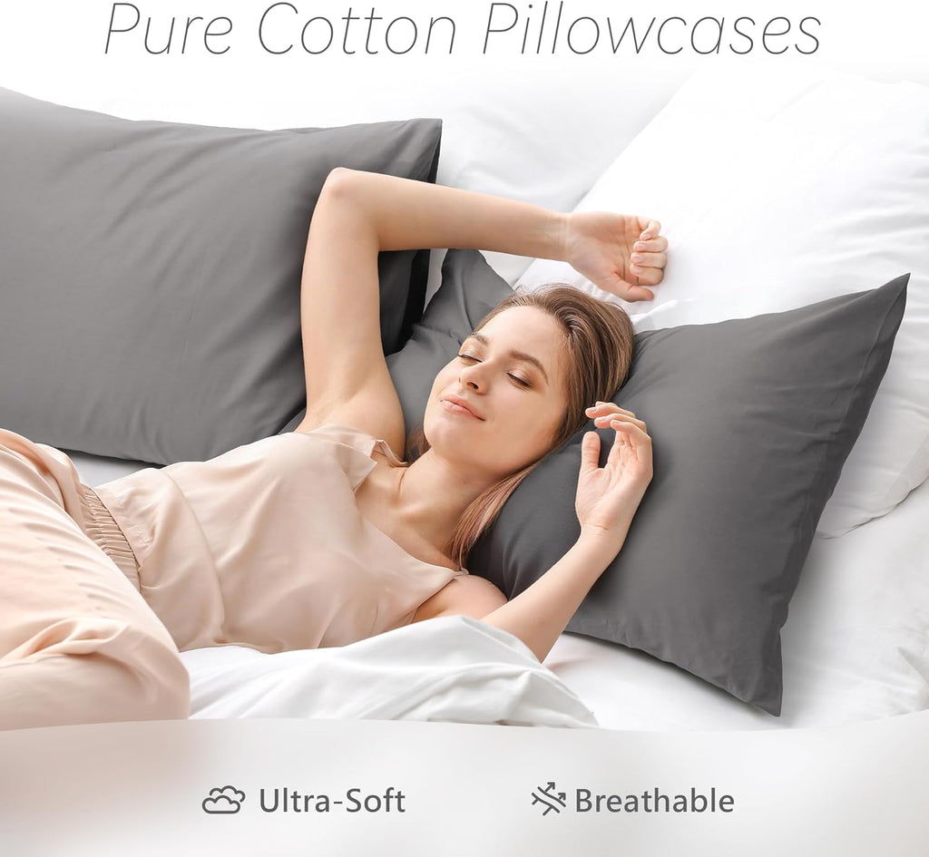 Skiennix 100% Cotton Pillowcase - Gray Queen Size with 500 Thread Count | Envelope Closure for Hair Care - 20x30 Inches