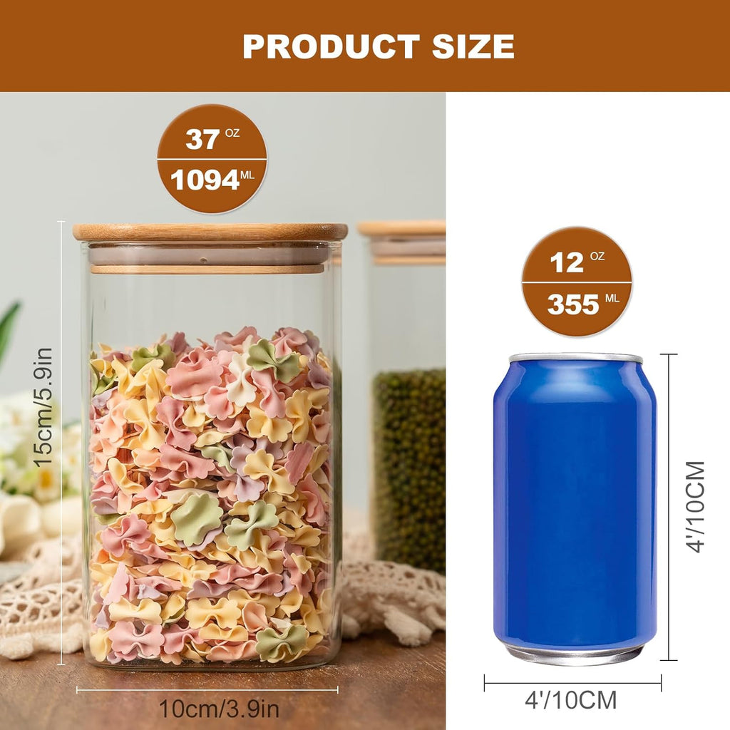 Skiennix Glass Food Storage Jars - 37 oz Airtight Containers with Bamboo Lids | Set of 6 for Tea, Coffee, and More