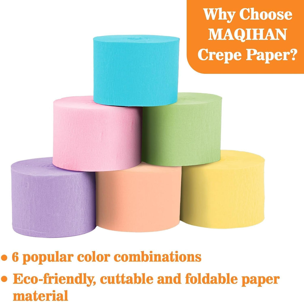MAQIHAN Pastel Crepe Paper Streamers - 6 Rolls, 492ft for Valentine's, Easter & Birthday Celebrations