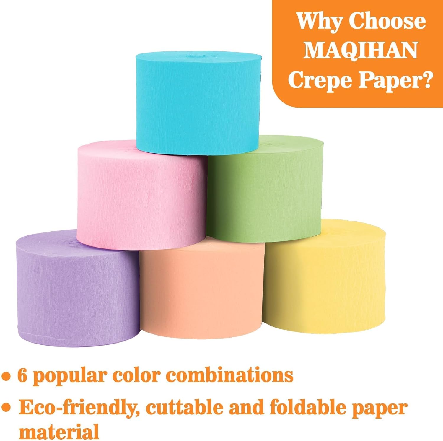 MAQIHAN Pastel Crepe Paper Streamers - 6 Rolls, 492ft for Valentine's, Easter & Birthday Celebrations