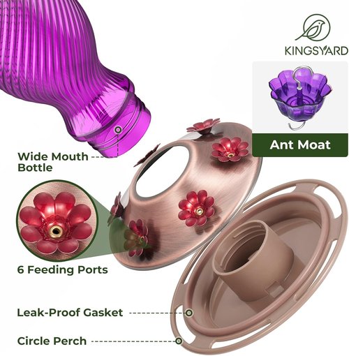 Kingsyard Hummingbird Feeder - 24 oz Outdoor Nectar Feeder with 6 Feeding Ports & Ant Moat | Easy Clean Purple