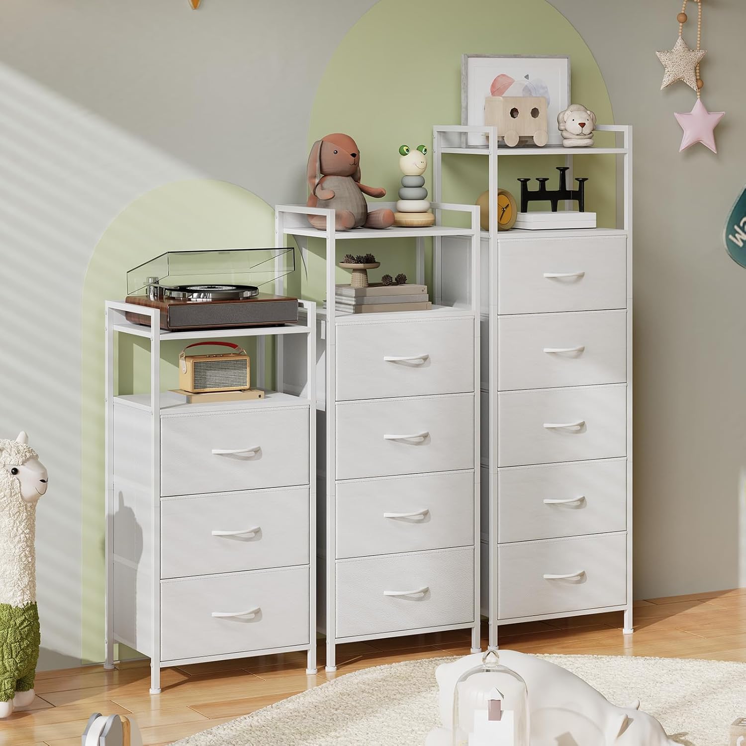 Somdot Tall Dresser - 5-Drawer Vertical Storage Tower Unit for Bedroom & Kids Room - White Leather