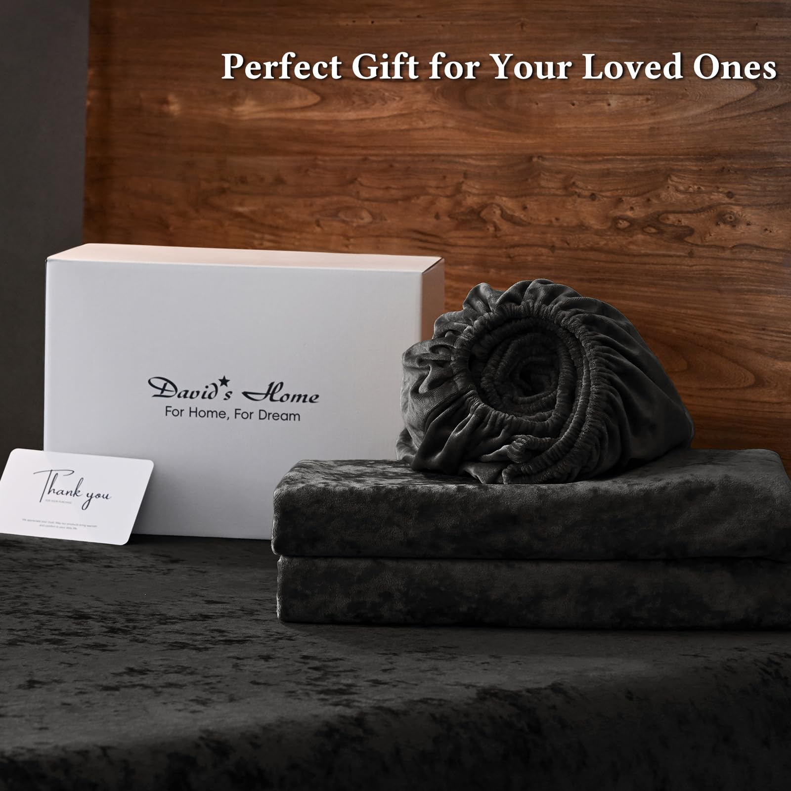 David's Home Velvet Fitted Sheet and Pillowcases Set Queen Size, Extra Deep Pocket up to 18", Soft Plush Fleece Bottom Sheet with Side Pocket & Elastic Corner Straps, Fall Winter, Black