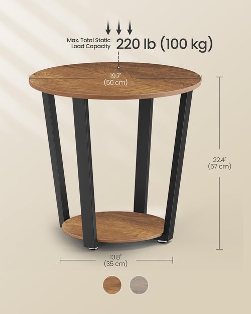 VASAGLE Round Side End Table, 2-Tier Accent Bedside Table with Storage Shelf, Easy Assembly, Nightstand for Small Spaces, Living Room, Bedroom, Honey Brown and Ink Black ULET057KB01S