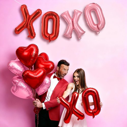Froova Red XOXO Heart Balloons 6 Pcs Valentines Day Balloons Red Pink Gold Heart Shaped Balloon XOXO Balloon Letters for Girls Women Anniversary Sweet Valentine Day Romantic Decor Special Night Party