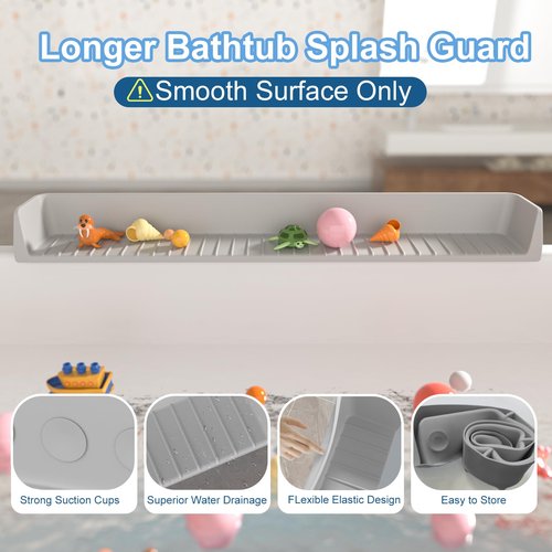 Aqqwxyq Longer Bathtub Splash Guard for Tub Kids, Bathtub Water Guards Play Shelf for Bathing, Toy Tray Caddy Holder for Tub, Silicone Tub Splash Guard Prevent Water Spills in Bathroom (2.6FT, Grey)