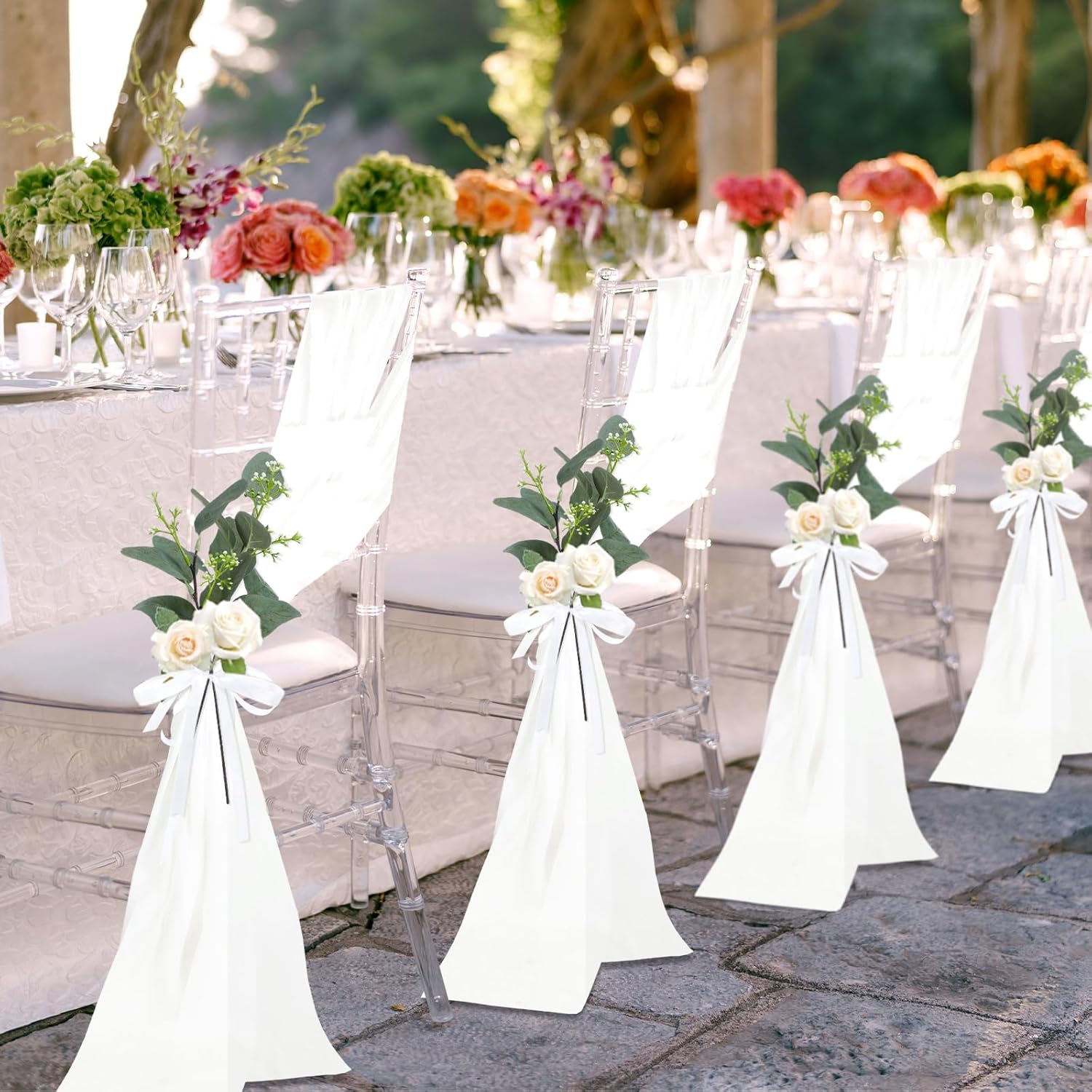 VitalCozy Wedding Aisle Chair Decorations - 24 Set Chiffon Sashes with Ribbon Bows & Eucalyptus Florals