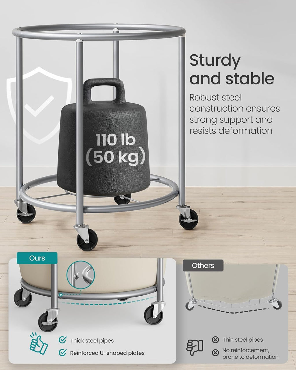 SONGMICS Rolling Laundry Basket - 50.2-Gallon Heavy-Duty Hamper Cart with Steel Frame & Locking Wheels - Cream White & Metallic Silver