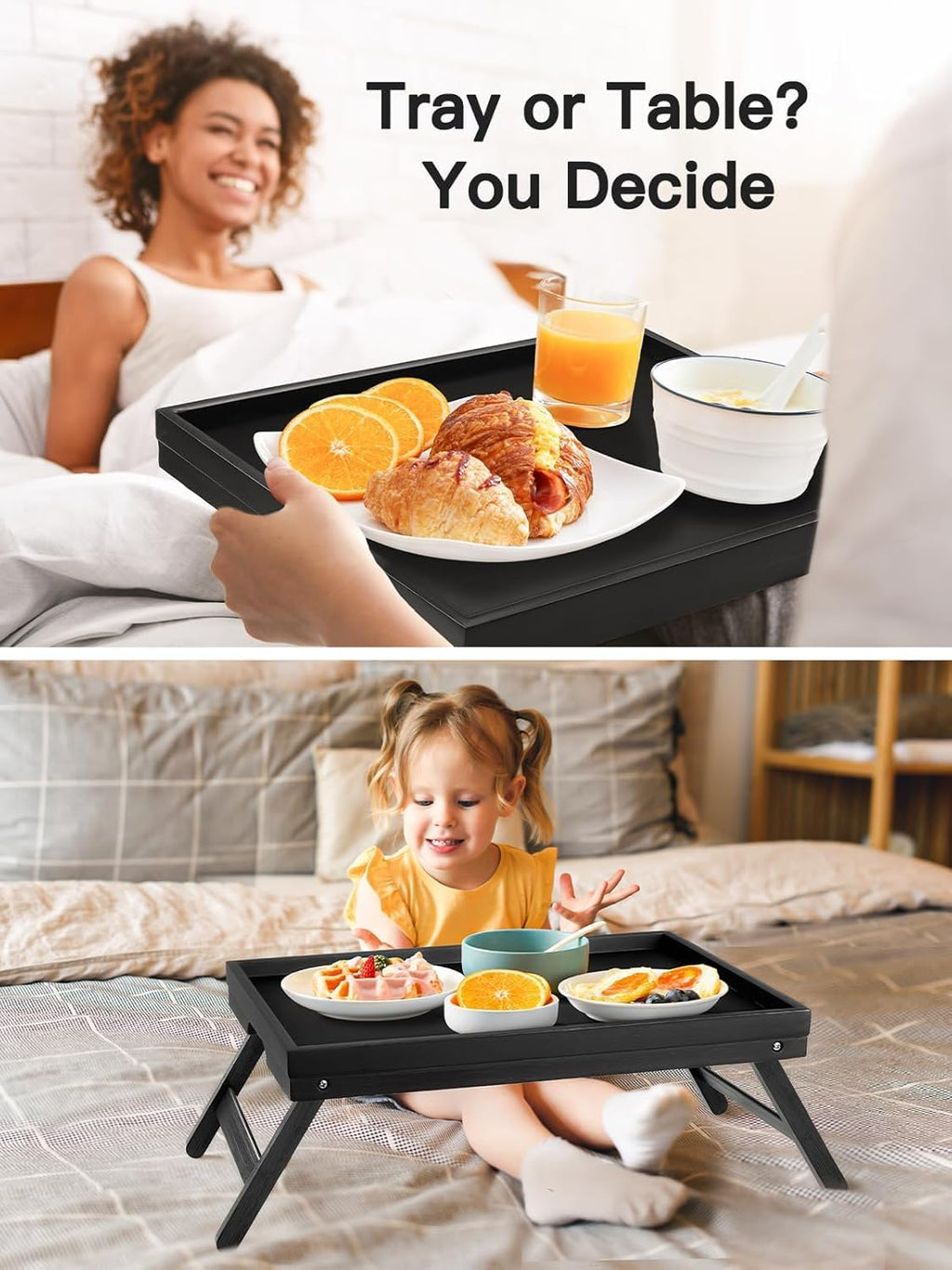Pipishell Bamboo Bed Tray Table - Foldable Legs for Breakfast, Laptop Use | Black Color