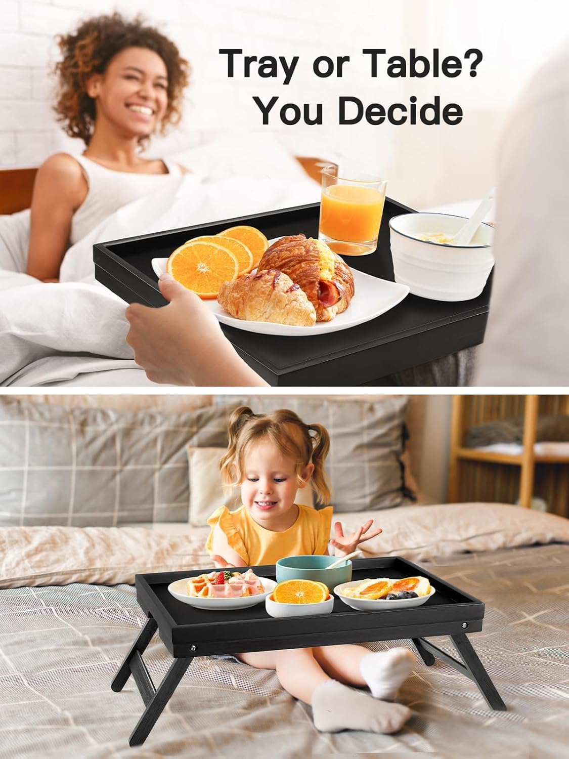 Pipishell Bamboo Bed Tray Table - Foldable Legs for Breakfast, Laptop Use | Black Color
