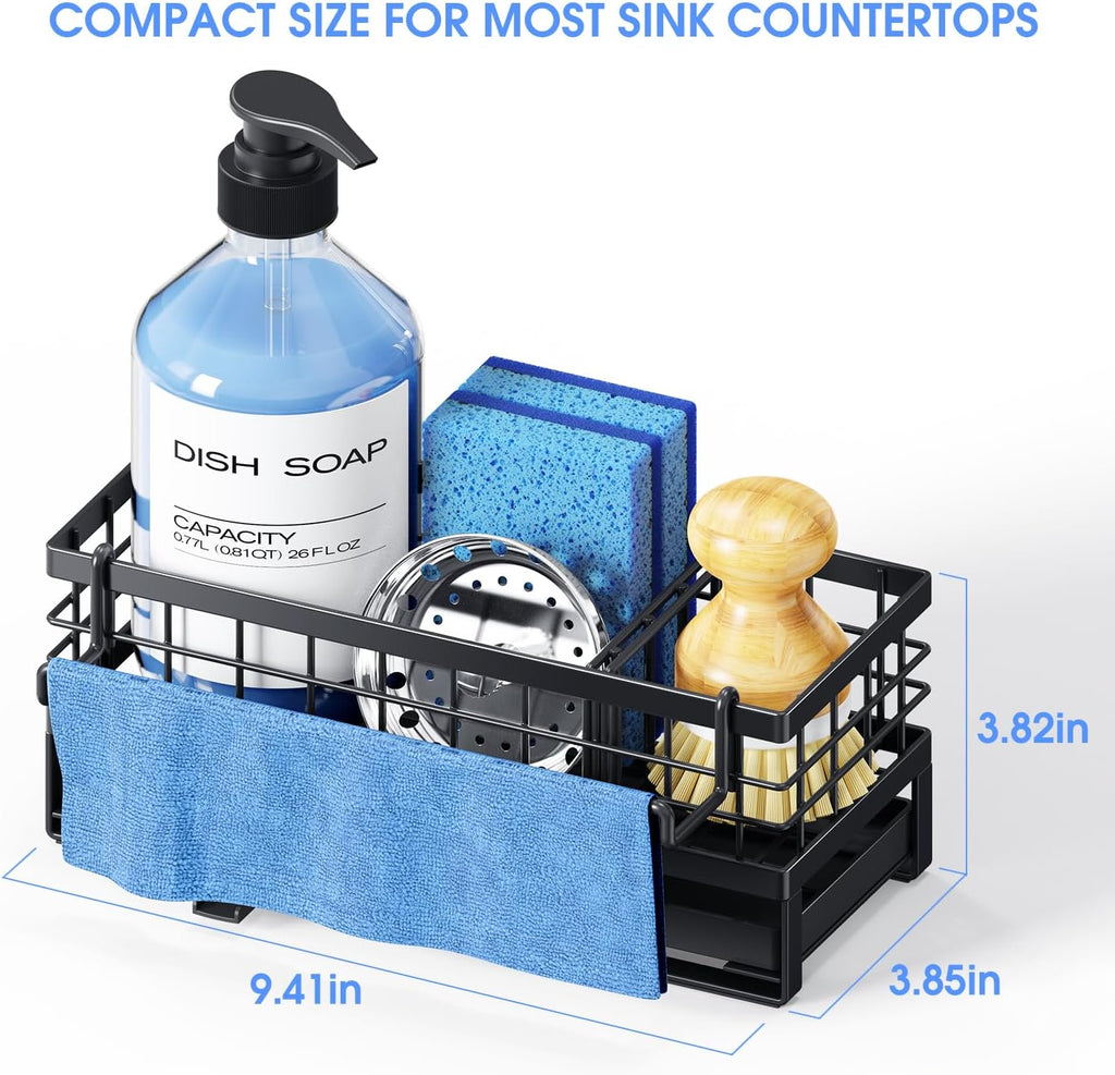 Rustproof Kitchen Sink Sponge Holder by [Brand Name] - Non-Slip Self-Draining Metal Caddy with Detachable Dish Cloth Holder (Black)