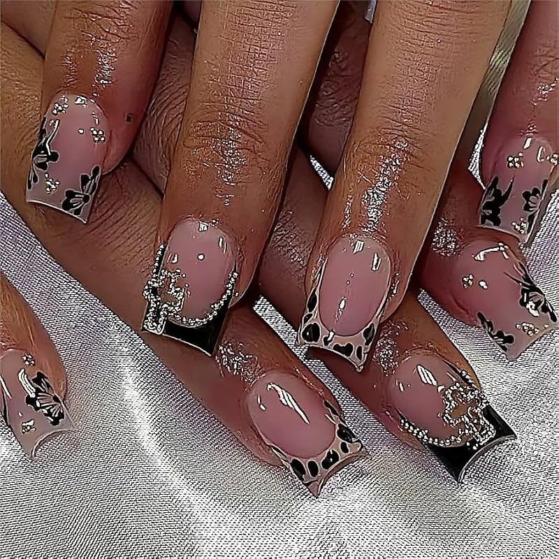 Short Nude Square Press on Nails with French Tip Design 24pcs