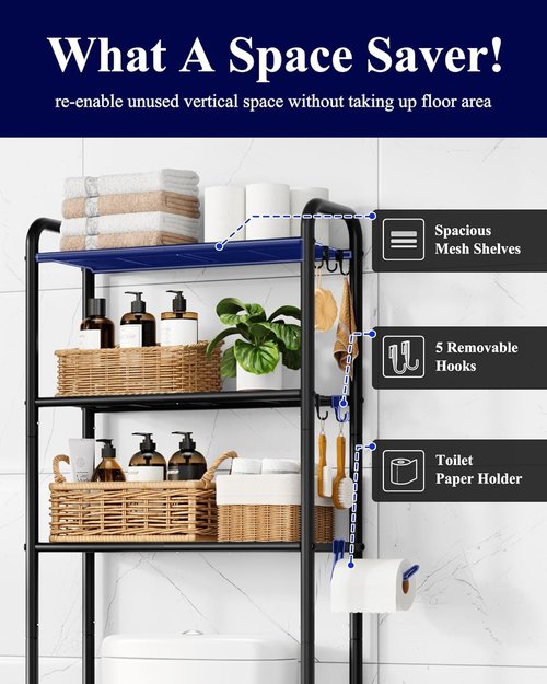 Kitsure Over Toilet Storage Rack - Metal Bathroom Organizer Shelf with Paper Holder & Hooks | Black, 3 Tiers (63.2" H)