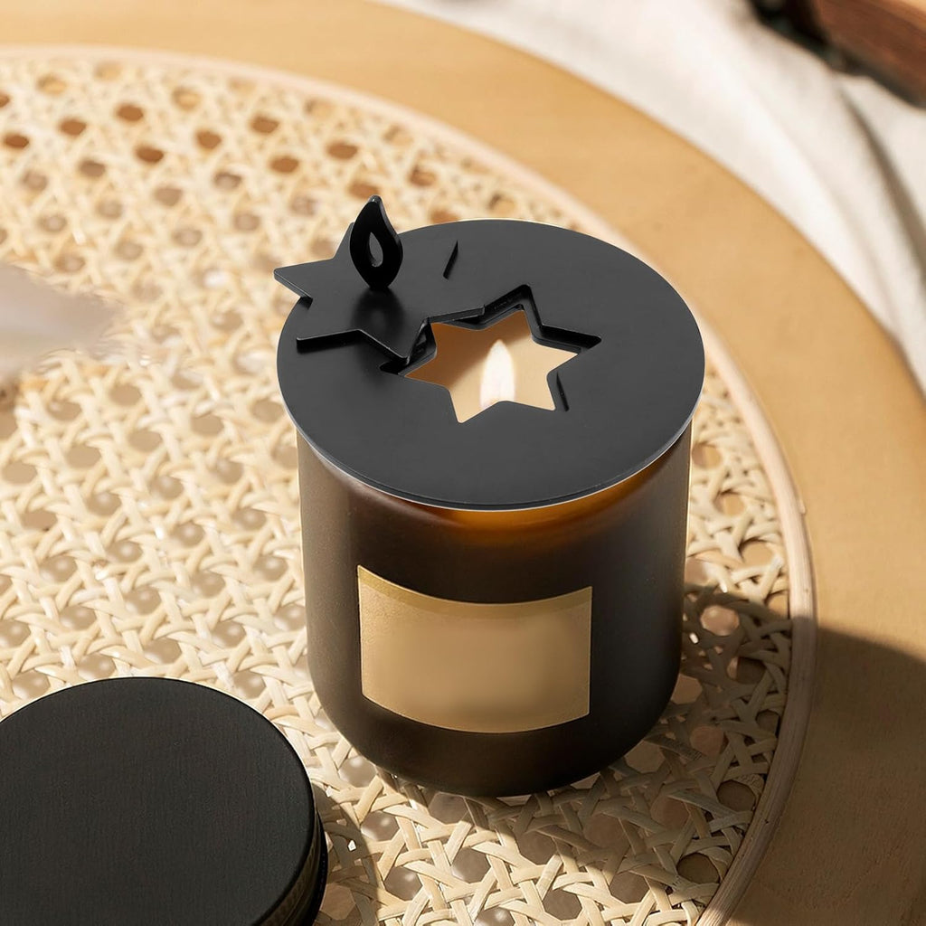 Skiennix Black Candle Jar Topper - Stainless Steel Star Covers | 3.15" Round Scented Lid for Spa & Meditation