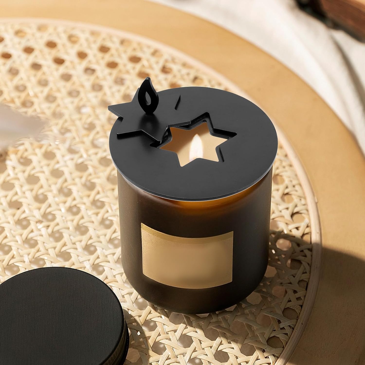 Skiennix Black Candle Jar Topper - Stainless Steel Star Covers | 3.15" Round Scented Lid for Spa & Meditation