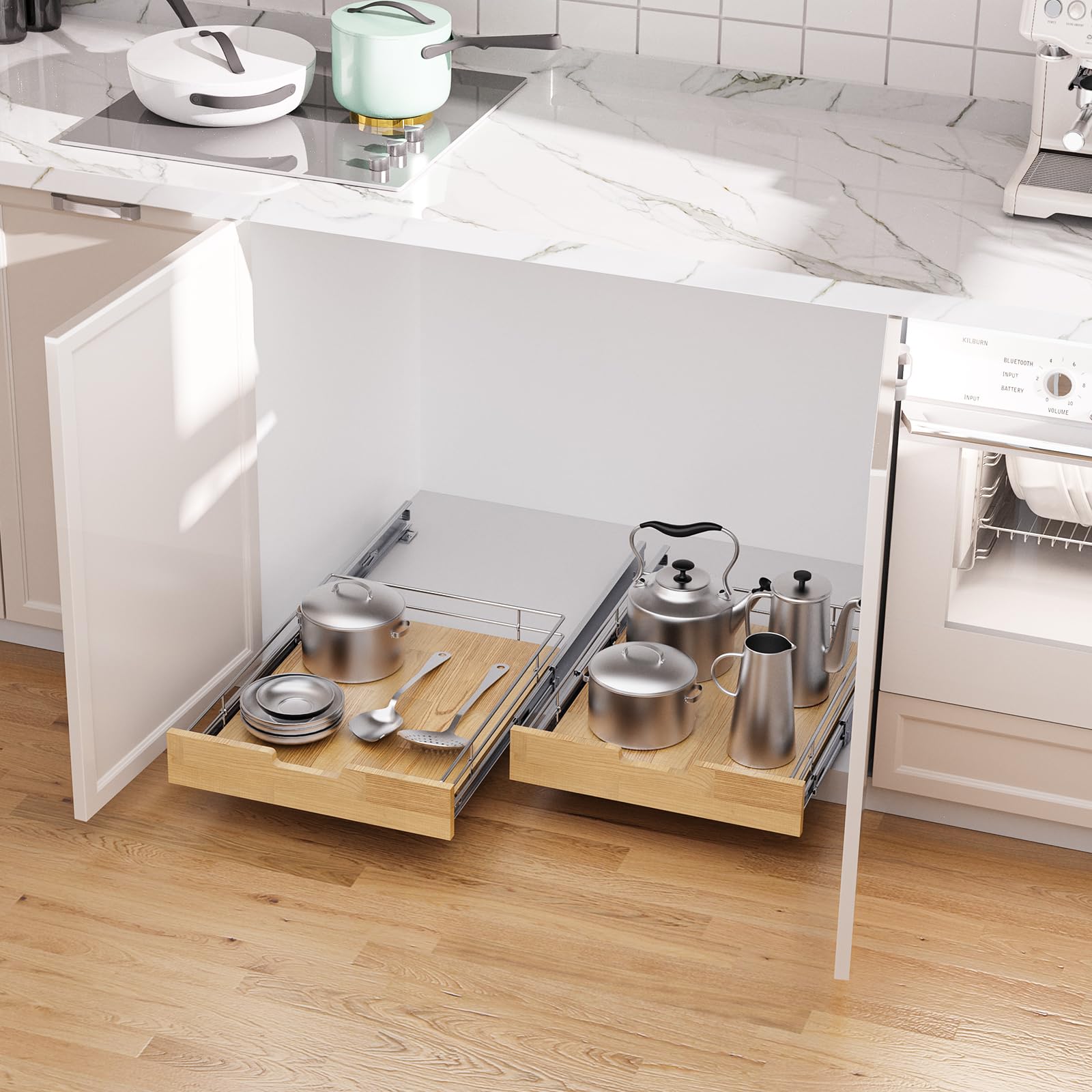Sikarou Pull Out Cabinet Organizer,Heavy-Duty Slide Out Shelf, Wood And Wire Basket, Pull Out Drawer for for Kitchen Under Sink Space, Pantry, Bathroom (26 * 21 WM)