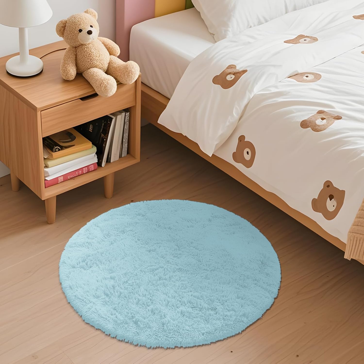 OLANLY Light Blue Round Rug - Soft, Fluffy Shaggy Carpet for Bedroom & Living Room | 2 ft Machine Washable