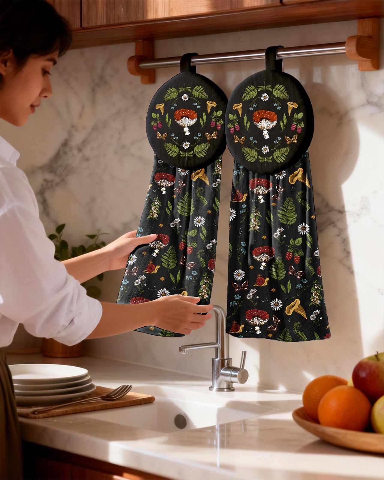 Miss Adola Cotton Hanging Hand Towels - 2pcs Hand Drying Towels for Kitchen Bathroom with Hanging Loop Cute Decorative Soft Terry Cloth Kitchen Towel with Mushroom Design for Housewarming Gifts