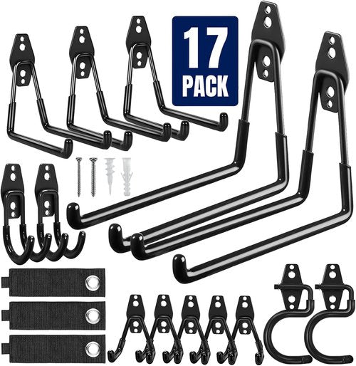 Heavy Duty Garage Hooks by Garage Hooks | 17-Pack Anti-Slip Wall Mount Utility Hooks for Garden Tools, Ladders & More