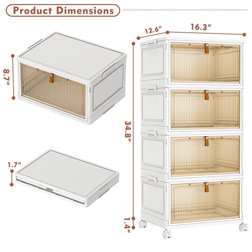 CTSNSLH 4 Tier Plastic Storage Bins with Lid - 27.5Qt Stackable with Lids for Bedroom, Living Room, Office - Foldable Containers, Household Organization