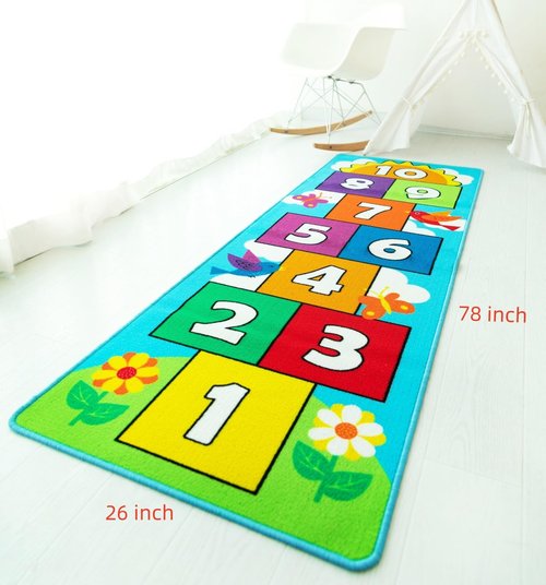 Hop & Count Hopscotch Rug for Kids, Floor Play Area Rug Game Carpet Crawl Jump Mat, Skid-Proof Backing, Great Gift for Boys Girls, Room Decor, Classic Hopscotch Rug for Preschool Playroom