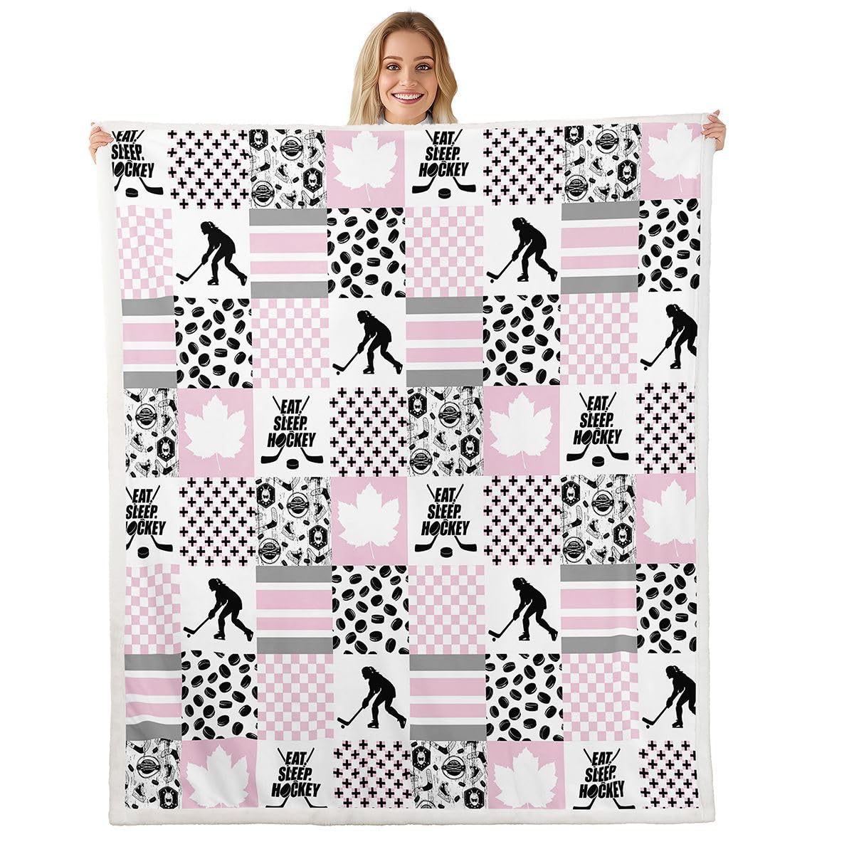 Erosebridal Ice Hockey Twin Size Fleece Blanket for Girls, Puck Sports Games Fuzzy Blankets for Kids Teens Bedroom, Hockey Player Throw Blanket Plaid Patchwork Blankets, Pink White Black