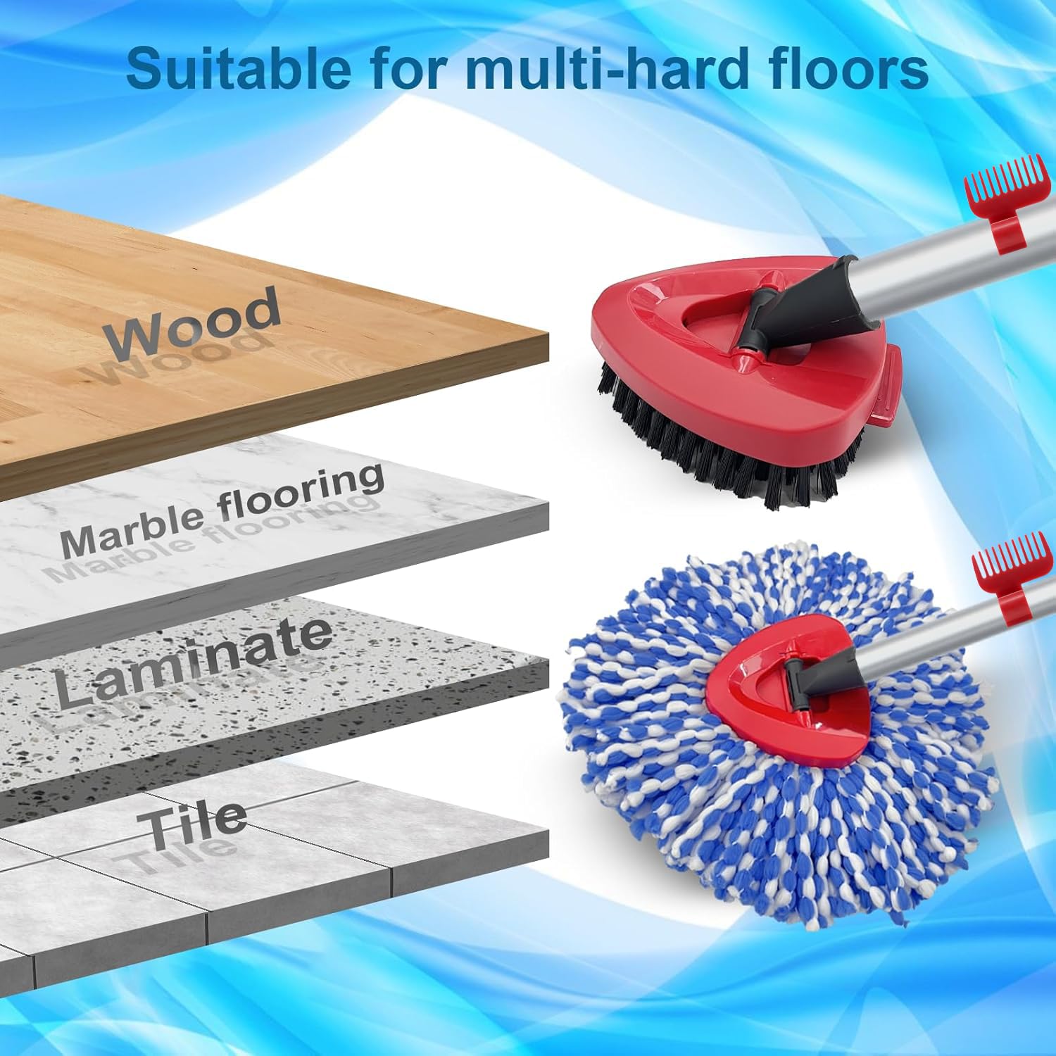 Fatmass Spin Mop Head and Brush Replacement Compatible with O Cedar EasyWring 1-Tank System, 4 Mop Replace Heads, 1 Handle, 1 Base and 1 Scrub Brush Combo Set