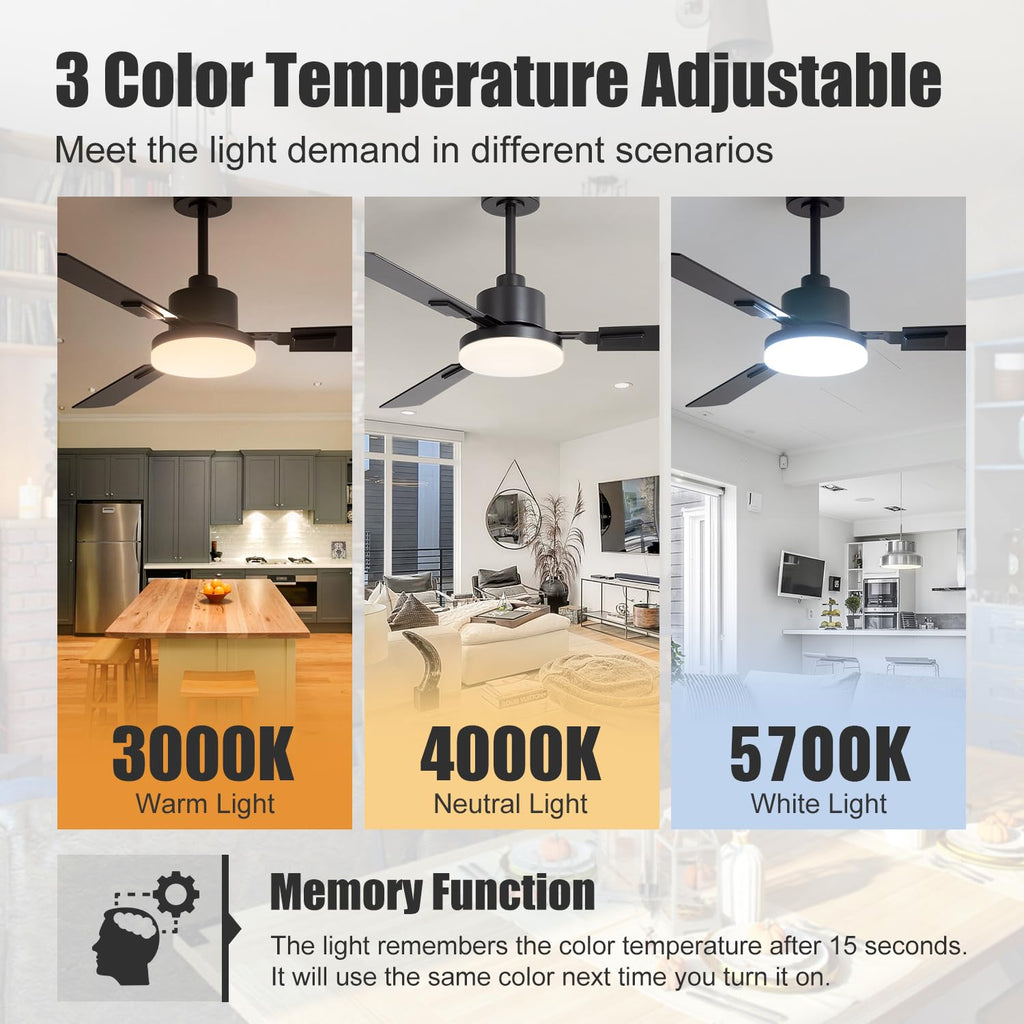 ZYD Ceiling Fans with Lights, 52 Inch Ceiling Fan with Light and Remote, Farmhouse Black Fan with Quiet Reversible DC Motor, 3 Blade LED Ceiling Fan with Light for Living Room, Bedroom, Family Room