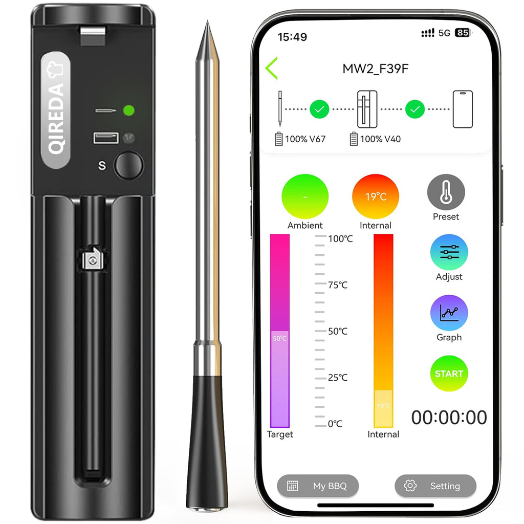 Wireless Meat Thermometer Digital with 800ft Remote Range, Bluetooth 5.3 Wireless Thermometer for Cooking with Ambient Temperature and App Alert for Oven BBQ Grilling Smoking
