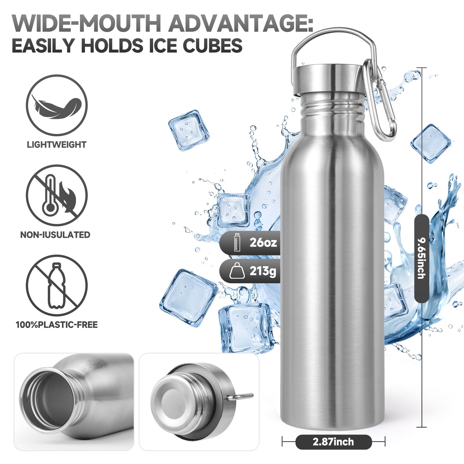 Volhoply 26oz Uninsulated Single Walled Water Bottle, Stainless Steel Reusable Water Bottles with Handle & Carabiner, BPA Free Wide Mouth Water Bottles for Gym Sports Camping(Silver,1)