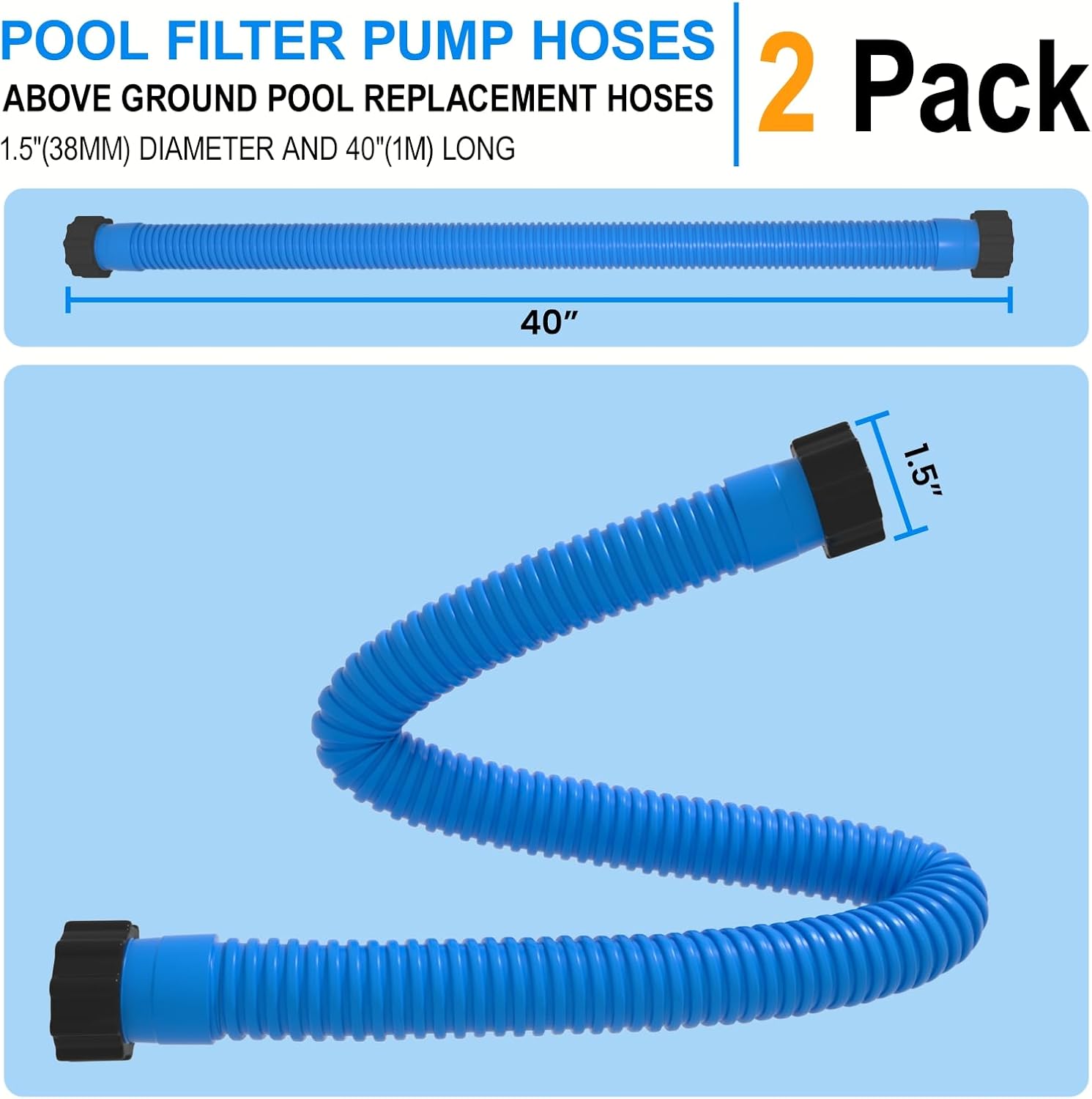 Skiennix Pool Hose Replacement - 1.5" x 40" for Above Ground Pools | Pack of 2, Blue, Compatible with Filters
